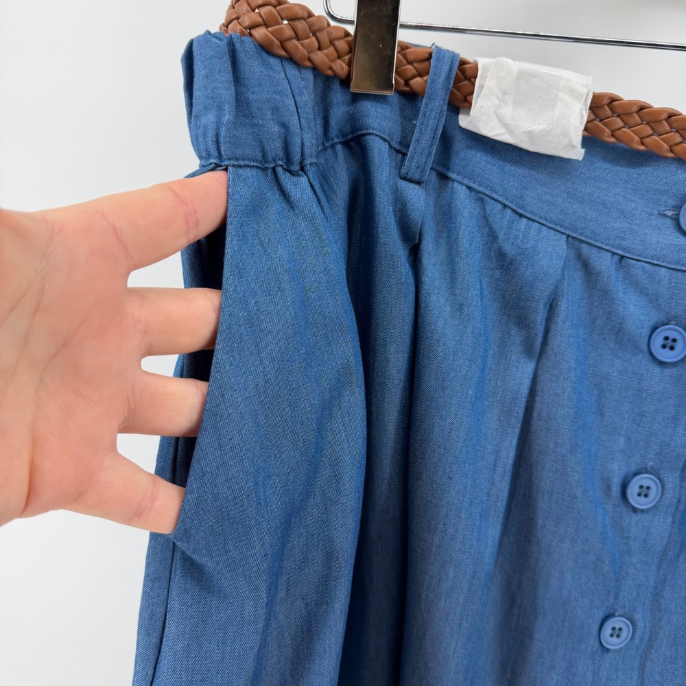 ModCloth Lyocell Chambray Midi Skirt Women XL Blue Button Front Belted MSW1791 - Picture 3 of 8